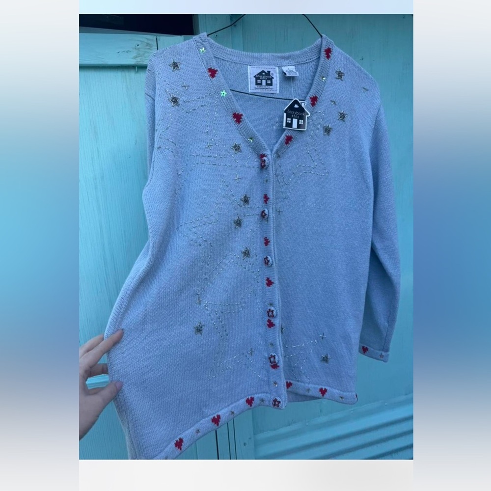 Storybook Knits Light blue Cardigan with Red and Gold Accents - Picture 4 of 9